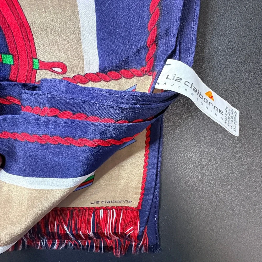 Liz Claiborne Silk Scarf Nautical Ship Wheel Navy Tan Striped‎ Fringe 52x10